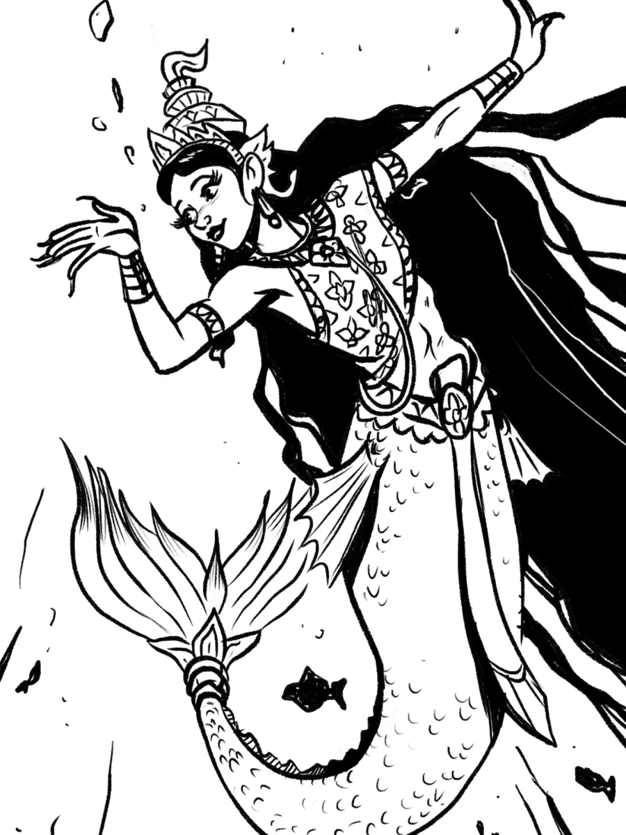 Ink drawing of Suvannamacha, the mermaid queen, in a tall crown and patterned top, her long hair and fish tail sweeping through the water.