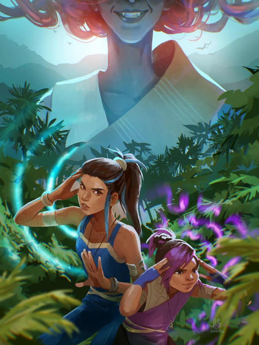 Janida and Janmani crouch in a glowing forest inside a ring of blue light, as a giant spirit with flowing red hair rises behind them.