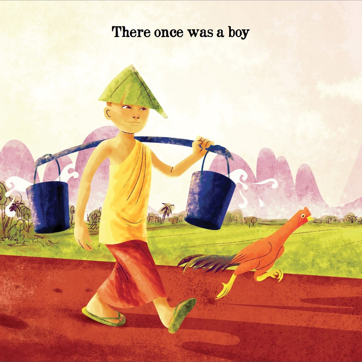 A Sticky Mess page: "There once was a boy," a novice in a leaf hat carrying buckets on a shoulder pole, a rooster beside him