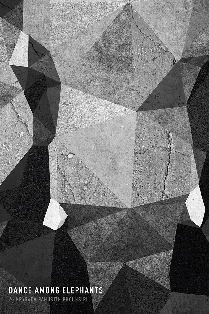Cover of Dance Among Elephants by Krysada Panusith Phounsiri, showing gray geometric facets over cracked concrete