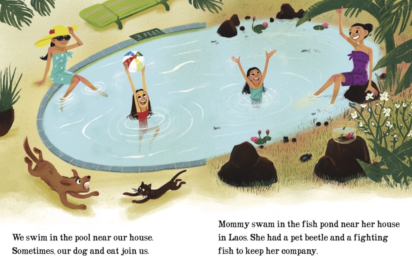 Mommy Eats Fried Grasshoppers spread: Mahlee swims in a pool with her dog and cat, while Mommy as a girl swam in a fish pond in Laos