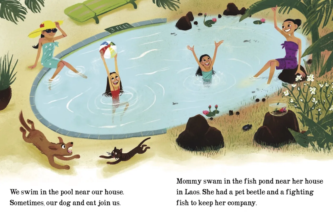 Mommy Eats Fried Grasshoppers spread: Mahlee swims in a pool with her dog and cat, while Mommy as a girl swam in a fish pond in Laos