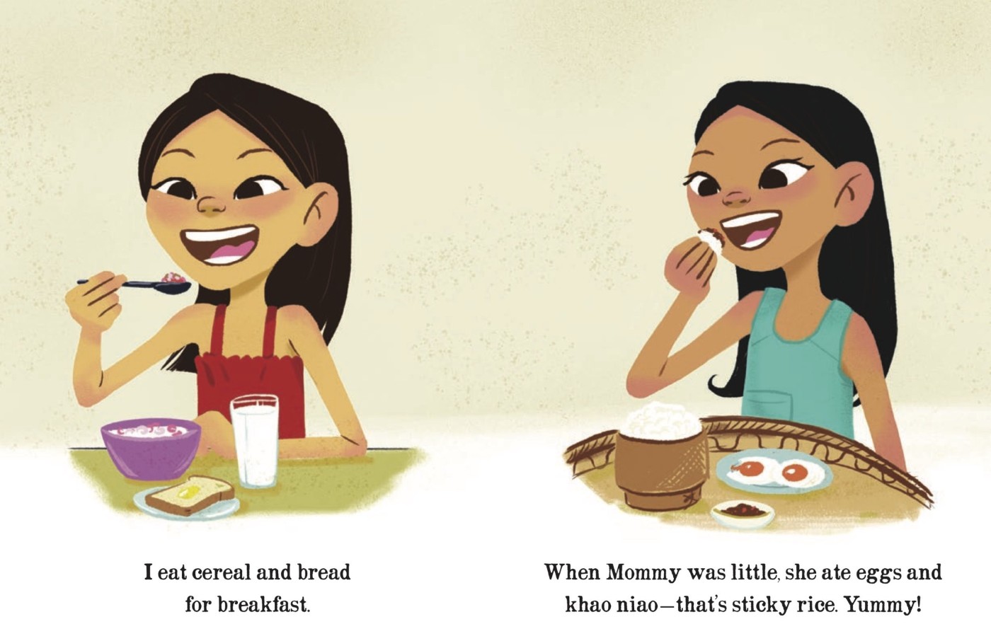 Mommy Eats Fried Grasshoppers spread: Mahlee eats cereal for breakfast, while Mommy as a girl ate eggs and khao niao, sticky rice