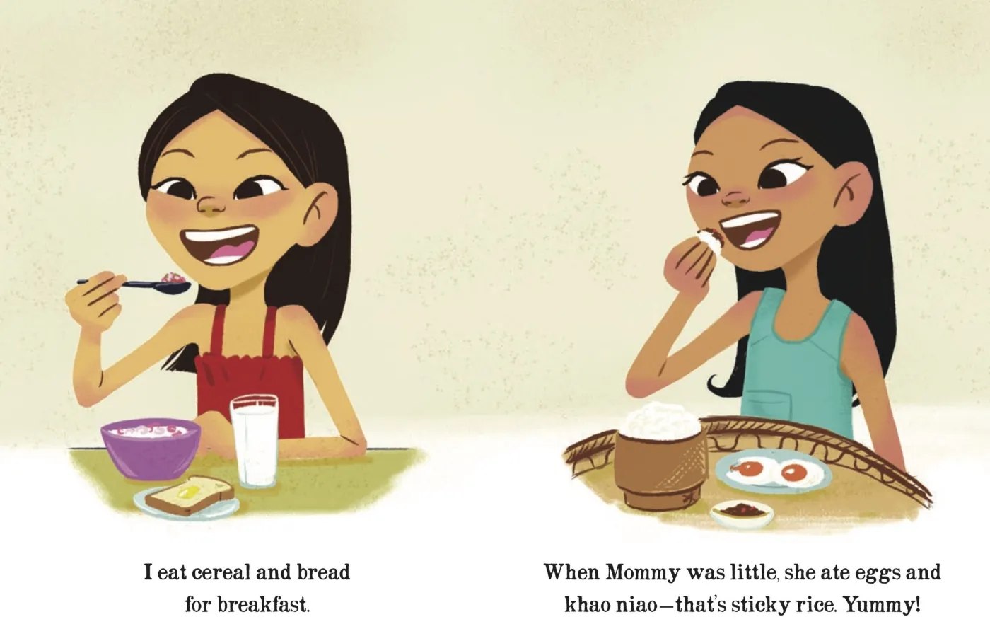 Mommy Eats Fried Grasshoppers spread: Mahlee eats cereal for breakfast, while Mommy as a girl ate eggs and khao niao, sticky rice