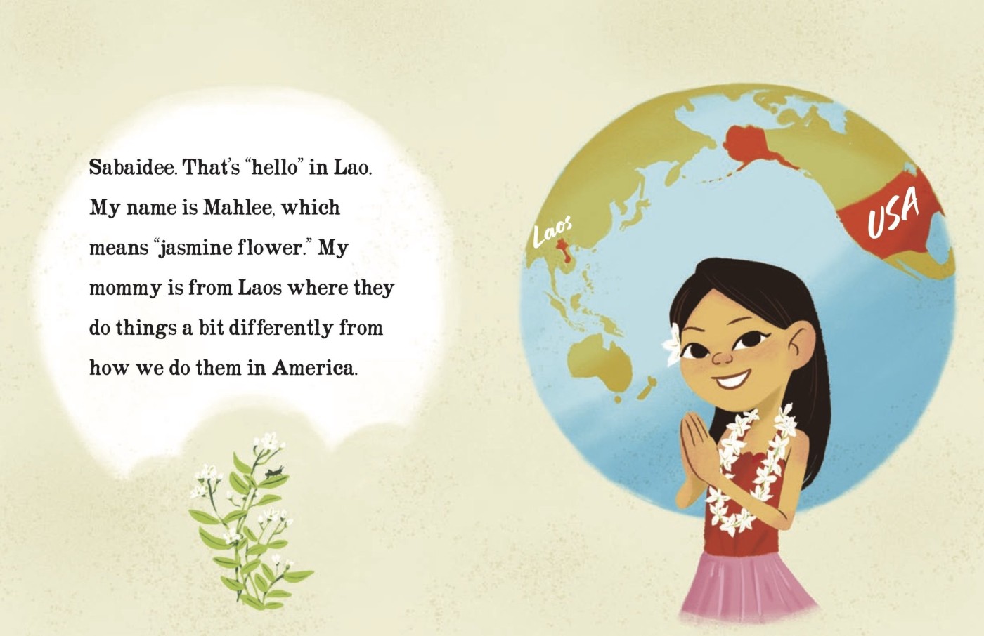 Mommy Eats Fried Grasshoppers spread: Mahlee, a girl with a jasmine lei, greets with a nop before a globe showing Laos and the USA