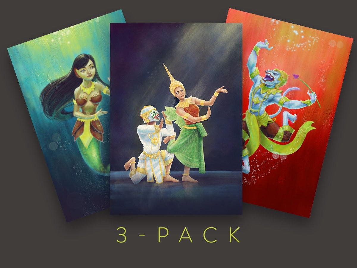 Three Phra Lak Phra Lam posters fanned out: Suvannamaccha the mermaid, Hanuman with a crowned dancer, and Hanuman leaping. Text: 3-Pack