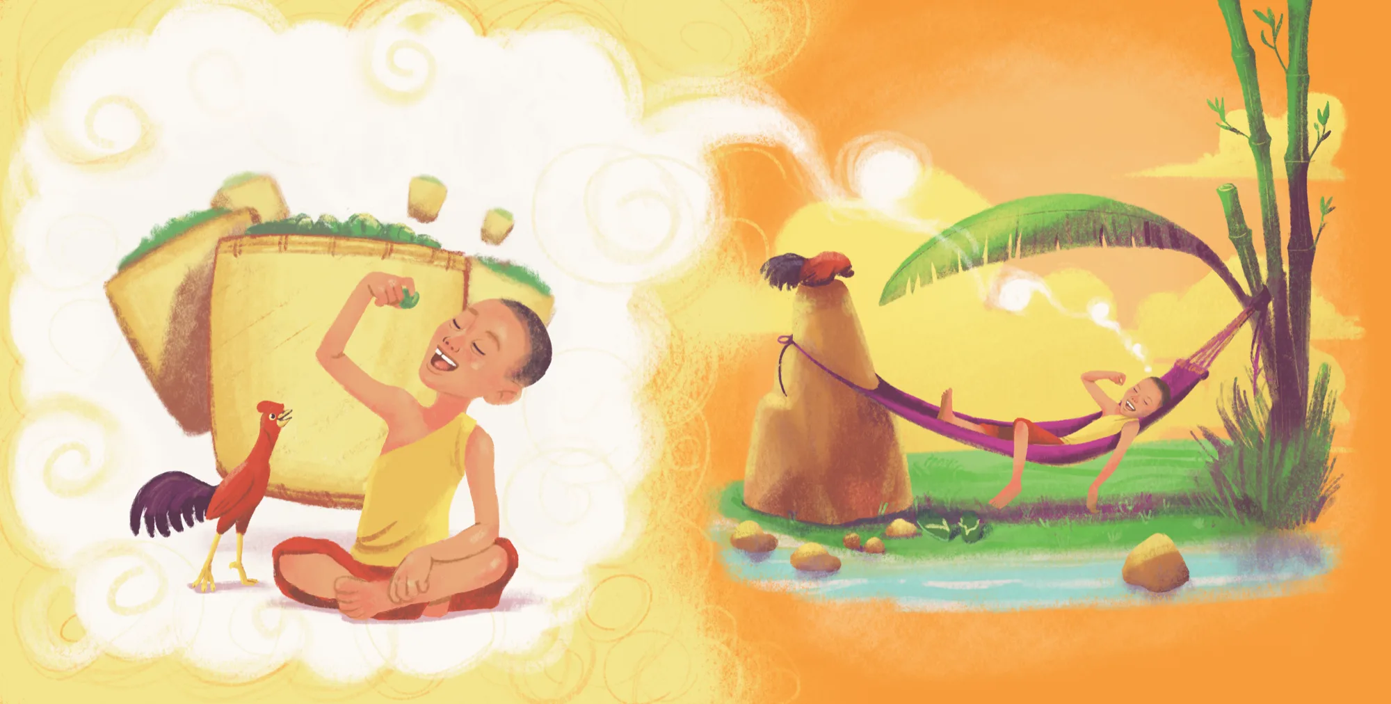 Kham dreams of baskets of mieng, then naps in a hammock by the stream while his rooster sleeps on a rock.