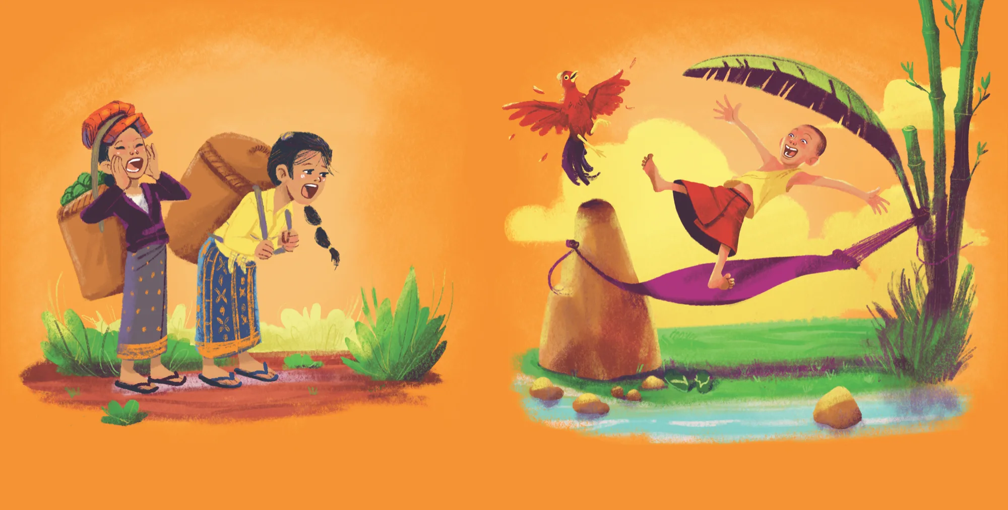 Two mieng merchants with baskets on their backs shout, and Kham tumbles out of his hammock as his rooster flaps away.