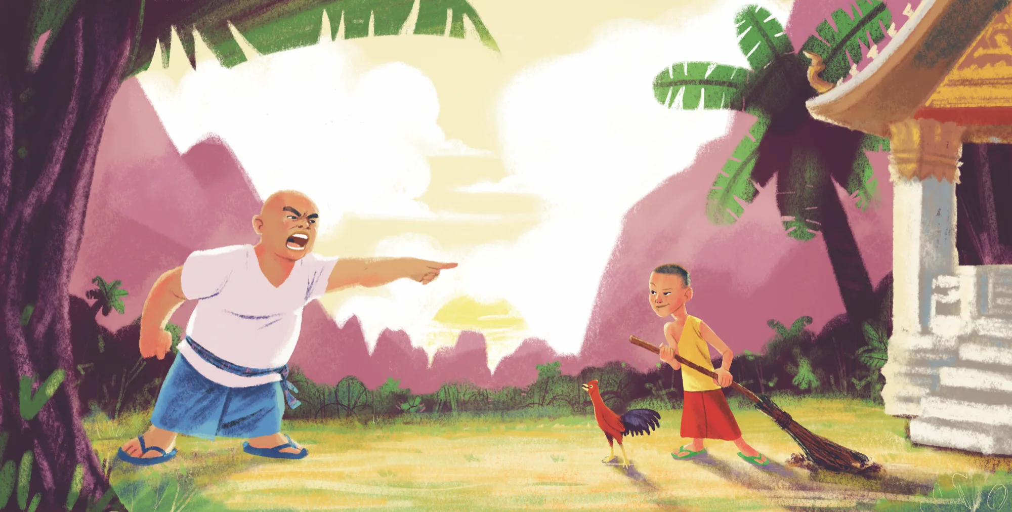 A bald man in a white shirt shouts and points at Kham, a young novice sweeping the temple yard with his red rooster beside him.