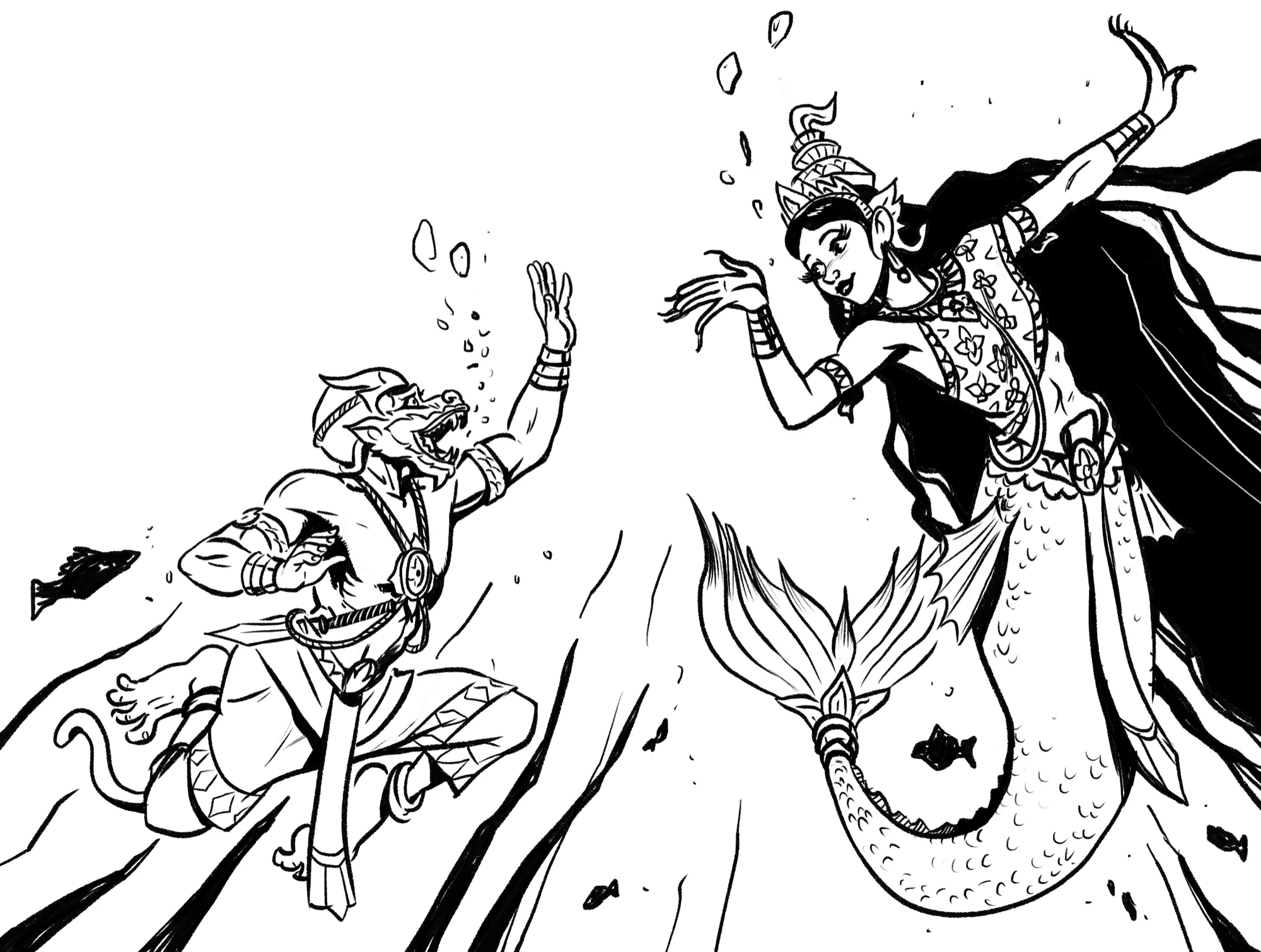 Ink drawing: Hanuman leaping through the water toward Suvannamacha, the mermaid queen, with fish swimming around them.