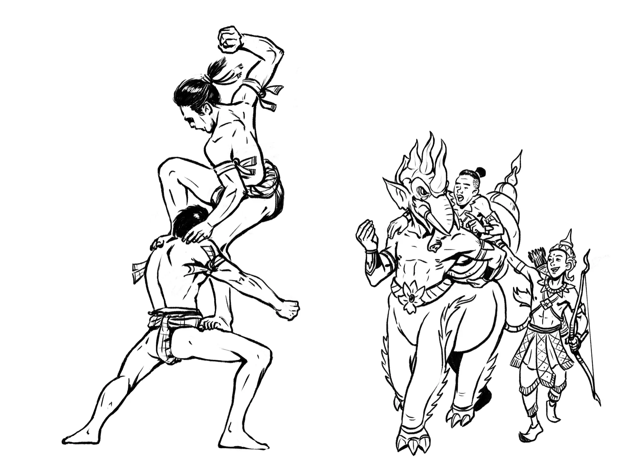 Ink drawing: two Muay Lao fighters mid-strike, and Sinxay riding a lion-elephant Siho with a bow-carrying companion beside him.