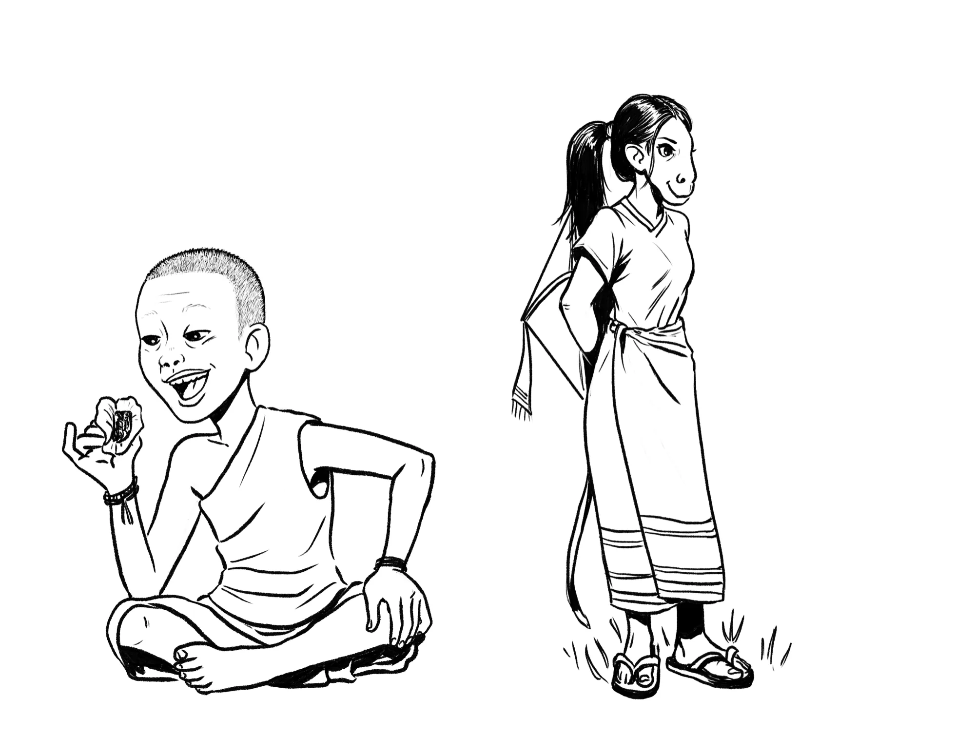 Ink drawing: young Xieng Mieng sitting cross-legged with a mieng in his hand, and Keo Na Ma, the horse-faced girl, standing in a sinh.