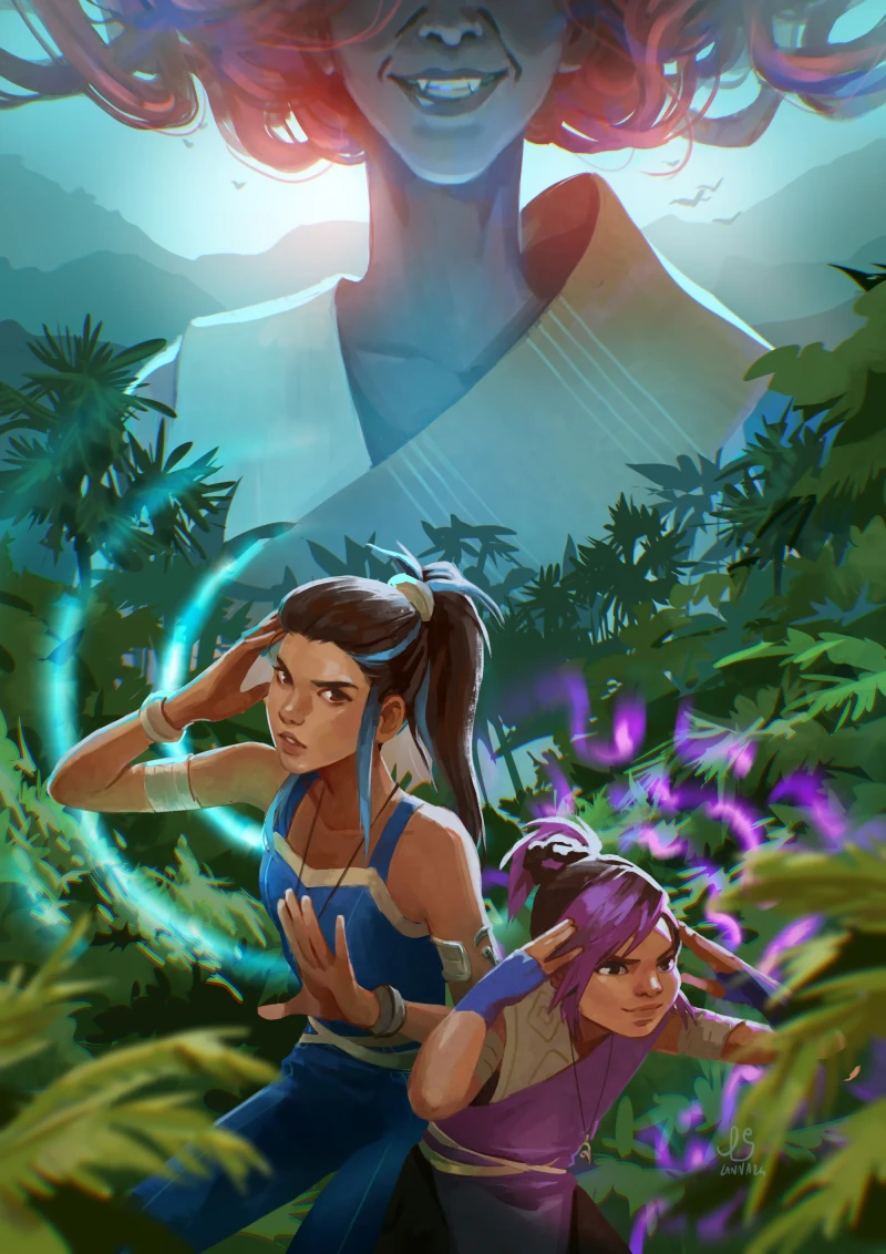 Janida and Janmani crouch in a glowing forest inside a ring of blue light, as a giant spirit with flowing red hair rises behind them.