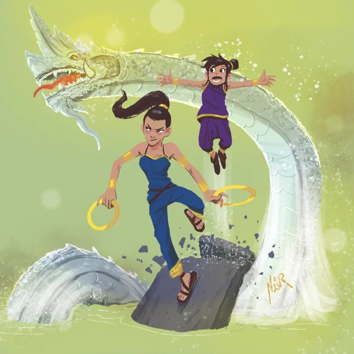 Janida and Janmani leap around a great white Nak, holding golden hoops, on a soft green background.