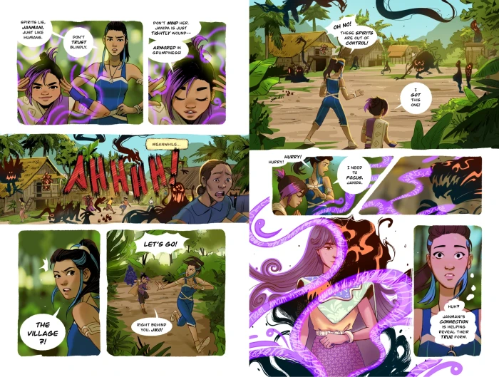 Pages 2 and 3 of Mysterious Connections: the sisters race into a village as purple spirit smoke fills the sky.